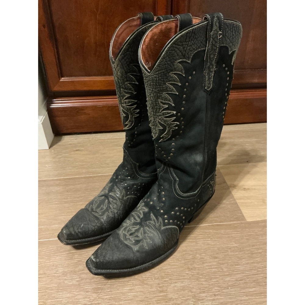 Dan Post Women's Handmade Cowboy Boots Black Suede and Leather Studded Size 9